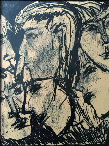 Dessin de visages de face et de profil entremêlés