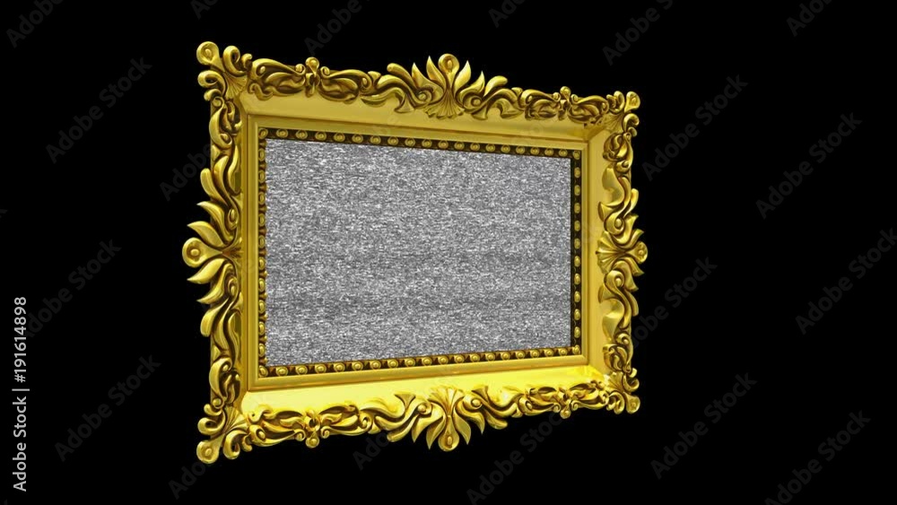 Luxury gold picture frame rotates on black background. Intro with tv noise and green screen, 3d