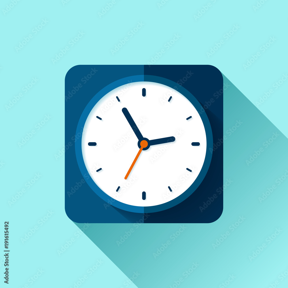 Clock icon in flat style, square timer on blue background. Business watch. Vector design element for you project Clock icon in flat style, square timer on blue background. Business watch. Vector design element for you project