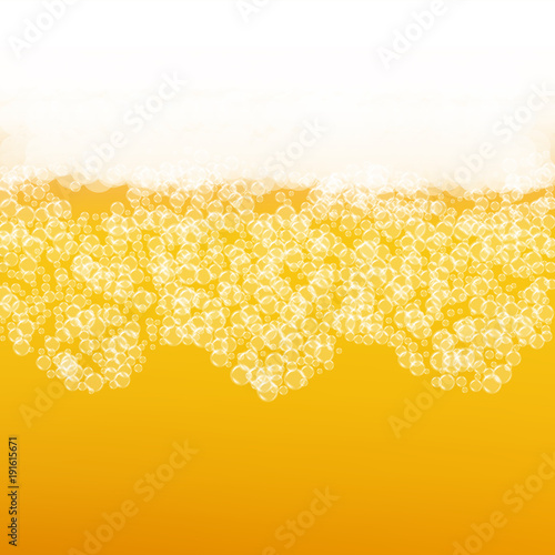 Beer background with realistic bubbles. Cool liquid drink for pub and bar menu design, banners and flyers. Yellow square beer background with white frothy foam. Fresh cup of lager for brewery design.