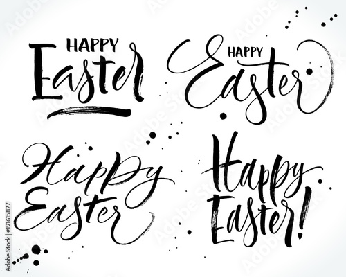 Four different style Happy Easter lettering. Template for banner, flyer, gift card or photo overlay. Dry brush handwritten modern calligraphy, vector illustration.