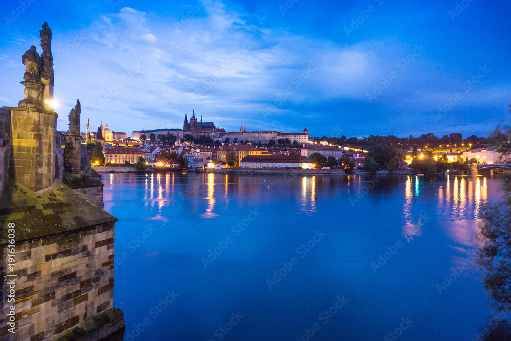 Old Town ancient architecture and river pier in Prague, Czech Republic
