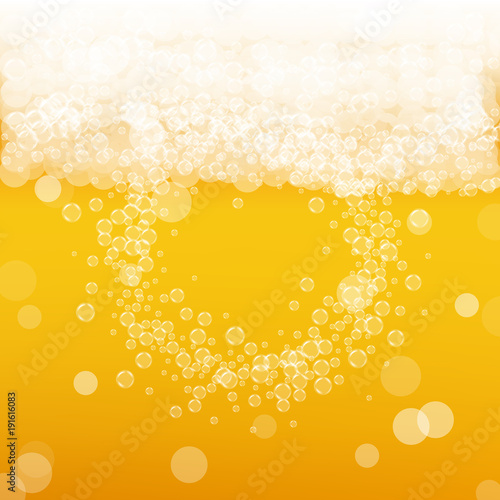Beer background with realistic bubbles. Cool liquid drink for pub and bar menu design, banners and flyers. Yellow square beer background with white frothy foam. Cold glass of ale for brewery design.