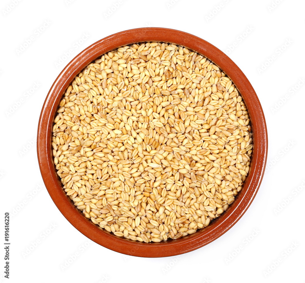 Wheat grains in porcelain bowl isolated on white background, top view Wheat grains in porcelain bowl isolated on white background, top view
