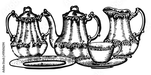 Historisches Keramik Geschirr Service Kannen Tasse Teller - Ceramic tableware service tea pot cup plate