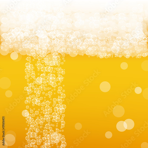 Beer background with realistic bubbles. Cool beverage for restaurant menu design, banners and flyers. Yellow square beer background with white frothy foam. Fresh cup of lager for brewery design.