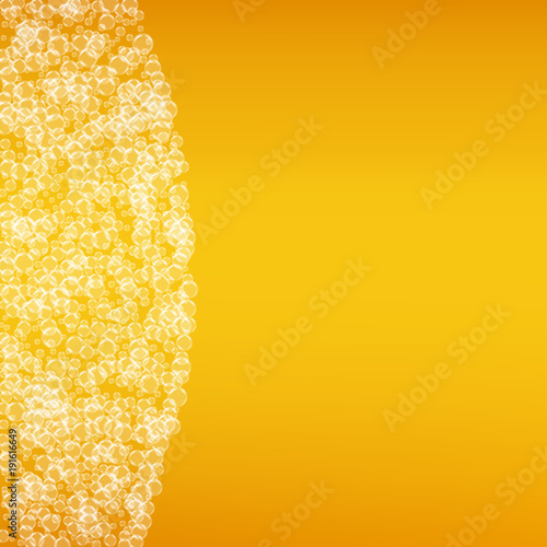 Beer background with realistic bubbles. Cool beverage for restaurant menu design, banners and flyers. Yellow square beer background with white frothy foam. Cold pint of golden lager or ale.