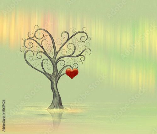A lonely tree with a heart on the background of northern lights