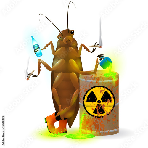 A giant cockroach drinks a radioactive cola and chemical waste from a rusty barrel. Toxic green fluorescent liquid in a keg. Environmental pollution danger of ecological disaster. Vector illustration.