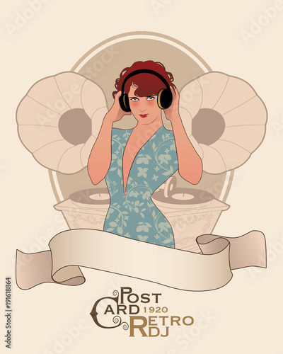 Vintage PostCard. DJ Woman retro style with headphones among vintage gramophones