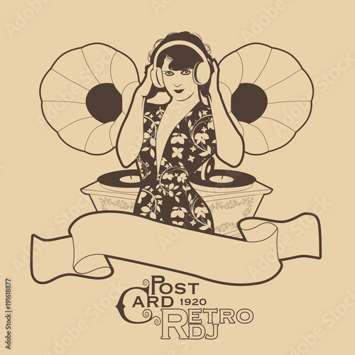 Vintage PostCard. DJ Woman retro style with headphones among vintage gramophones