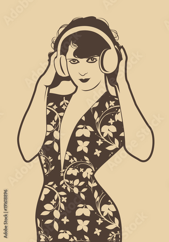 Beautiful flapper girl with headphones isolated. Retro Style