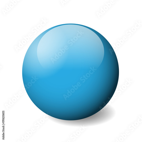 Blue glossy sphere, ball or orb. 3D vector object with dropped shadow on white background.