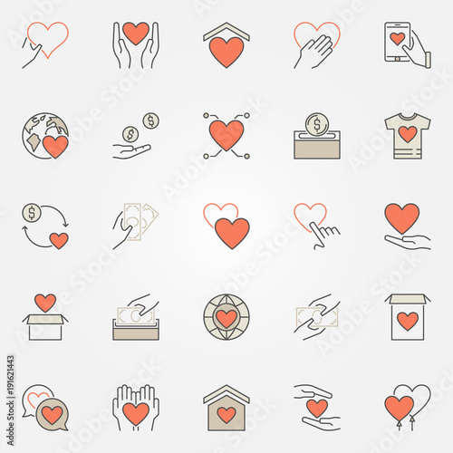 Donation and charity colored icons set. Vector donate symbols