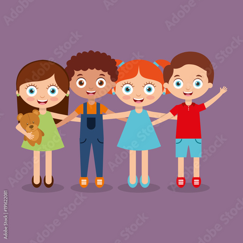 group kids embrace happy smiling boys and girl vector illustration