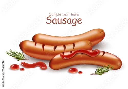 Sausage with ketchup Vector realistic isolated on white backgrounds