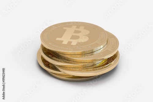 Golden bitcoin coins on the white background. 3d illustration. Bitcoin Cryptocurrency Digital Bit Coin BTC Currency Technology Business Internet Concept.