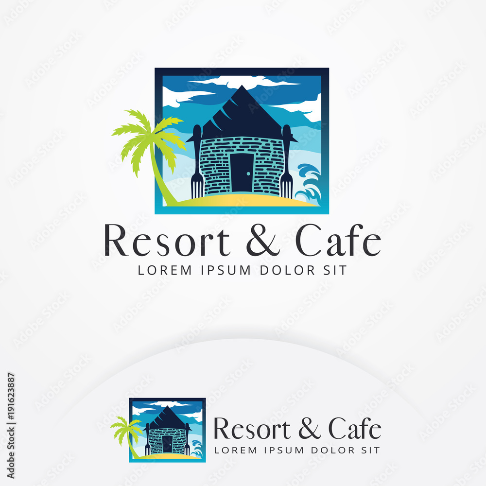Beach resort logo design. Cafe or Restaurant icon, emblem, logo - vector illustration. Illustrated restaurant on the beach with a forks and scenery