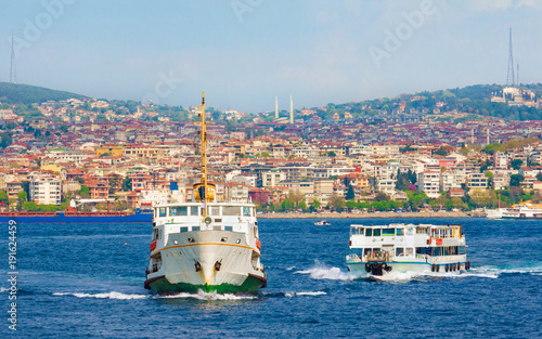 Photography Istanbul cityscape, passenger ferries cross strait of Bosphorus