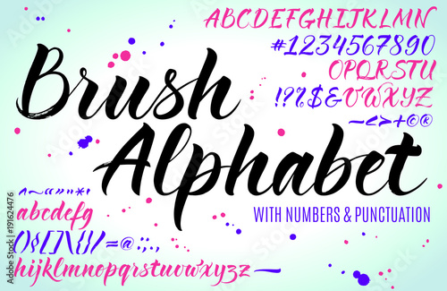 Brush lettering vector alphabet with numbers and punctuation. Modern calligraphy, handwritten letters. Vector illustration.