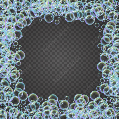 Shampoo foam square frame with realistic water bubbles on transparent background. Cleaning liquid soap foam for bath and shower. Shampoo rainbow bubbles. Swimming pool flyer and invite.