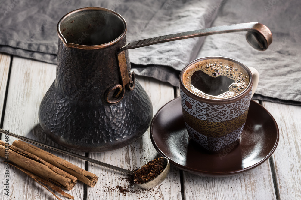 Hot Coffee Traditional Turkish Cup Copper Cezve Turka Spices Old