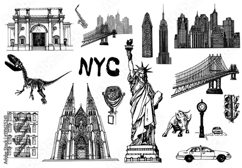 Set of hand drawn sketch style New York themed isolated objects. Vector illustration. photo