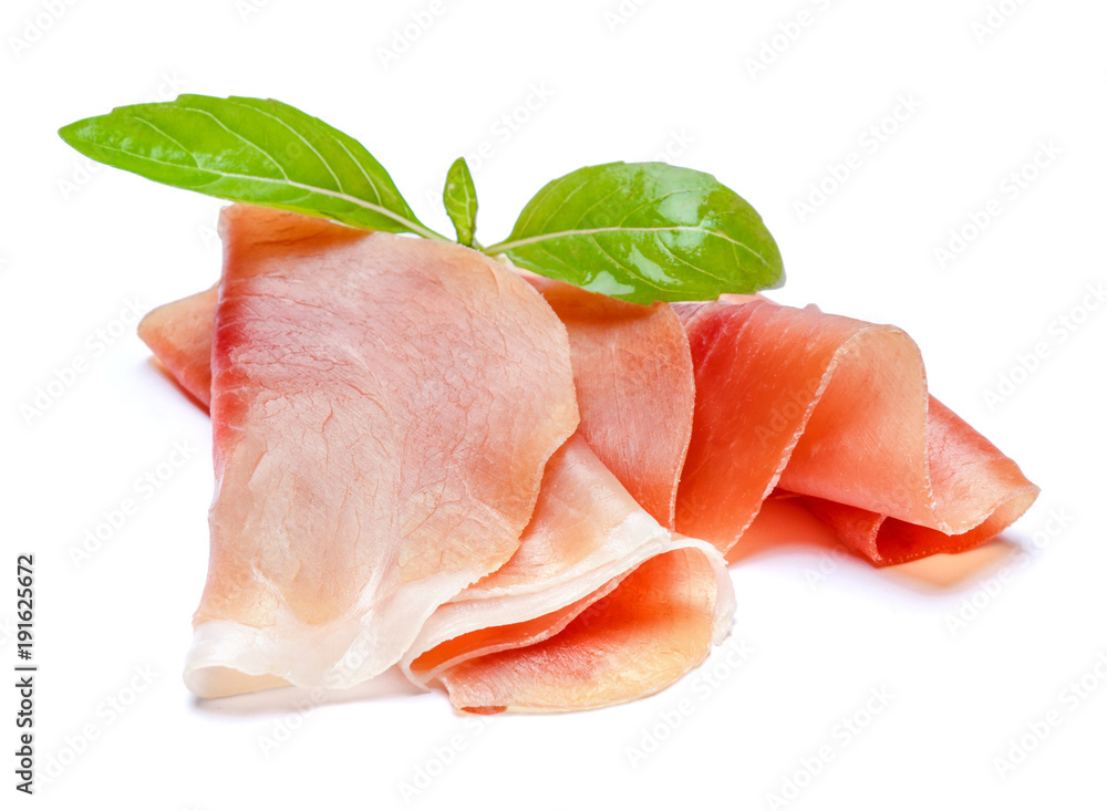 Italian prosciutto crudo or spanish jamon. Raw ham on white background. Italian prosciutto crudo or spanish jamon. Raw ham on white background.