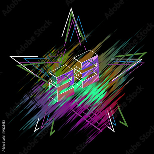 Star on February 23 with a glitch on the multi-colored background in the form of a stroke - vector eps10