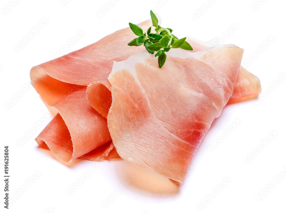 Italian prosciutto crudo or spanish jamon. Raw ham on white background. Italian prosciutto crudo or spanish jamon. Raw ham on white background.
