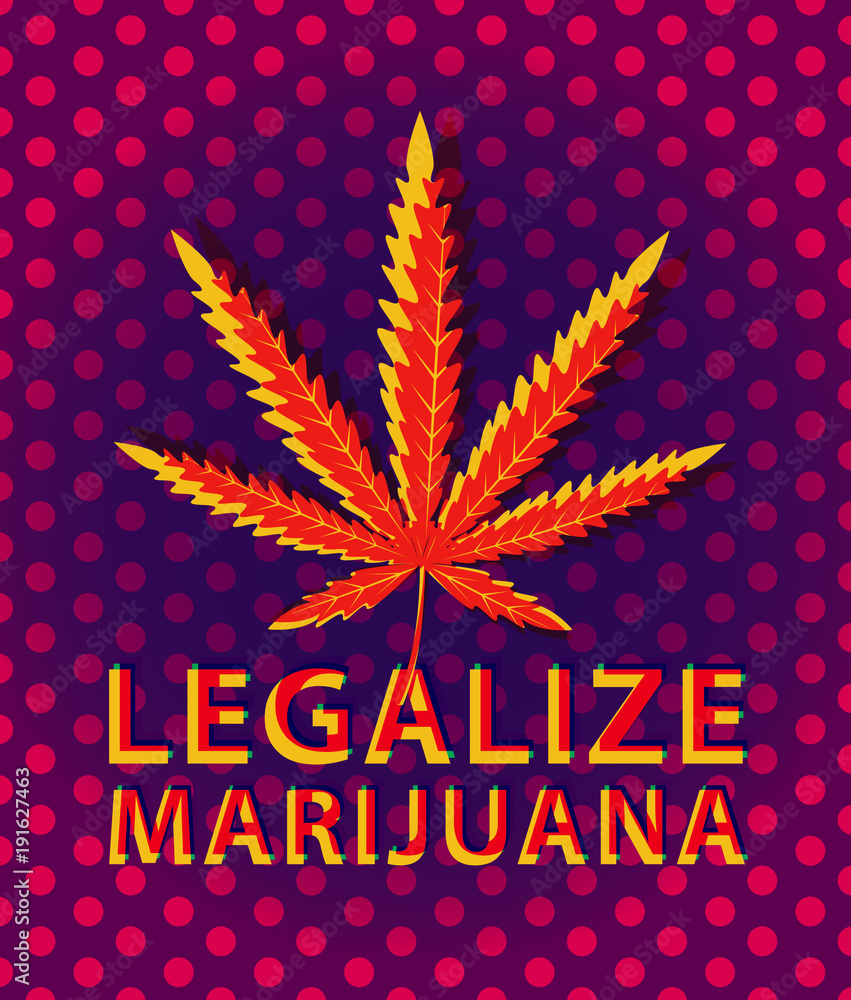 Vector banner for legalize marijuana with cannabis leaf on a background of polka dots. Natural product of organic hemp. Smoke weed. Medical cannabis logo Vector banner for legalize marijuana with cannabis leaf on a background of polka dots. Natural product of organic hemp. Smoke weed. Medical cannabis logo