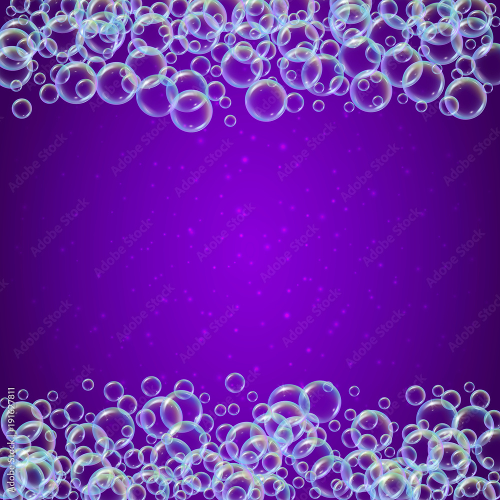 Shampoo foam frame with realistic water bubbles on purple background. Cleaning liquid soap foam for bath and shower. Shampoo rainbow bubbles. Swimming pool flyer and invite.