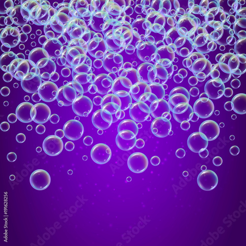 Shampoo foam in raining with realistic water bubbles on purple background. Cleaning liquid soap foam for bath and shower. Shampoo rainbow bubbles. Swimming pool flyer and invite.