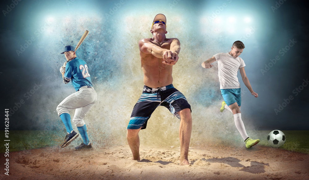 Fototapeta premium Collage of team sport players in action around color splash drop