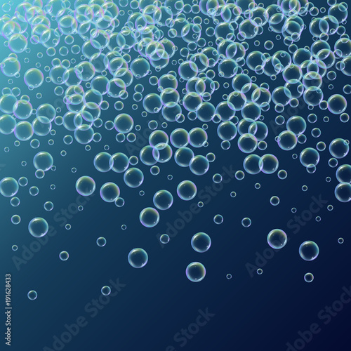Shampoo foam in raining with realistic water bubbles on deep blue background. Cleaning liquid soap foam for bath and shower. Shampoo rainbow bubbles. Swimming pool flyer and invite.