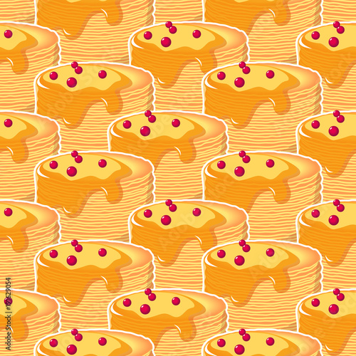 Pancakes with honey and cherry seamless pattern.