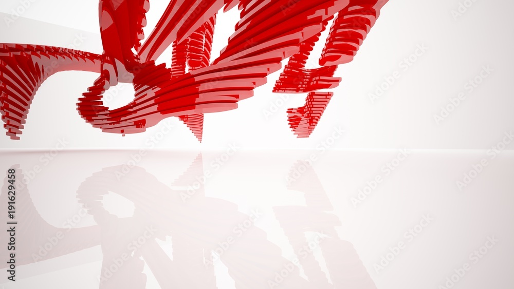 Naklejka premium Abstract white and red parametric interior with window. 3D illustration and rendering.