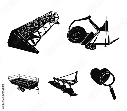 Plow, combine thresher, trailer and other agricultural devices. Agricultural machinery set collection icons in black style vector symbol stock illustration web.