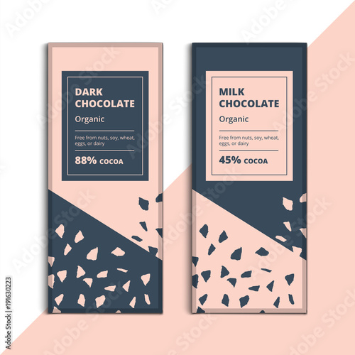 Organic dark and milk chocolate bar design. Creative abstract choco packaging vector mockup. Trendy luxury product branding template with label and pattern.