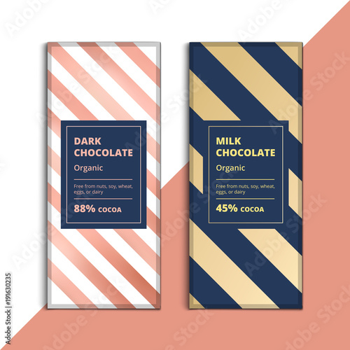 Organic dark and milk chocolate bar design. Creative abstract choco packaging vector mockup. Trendy luxury product branding template with label and pattern.