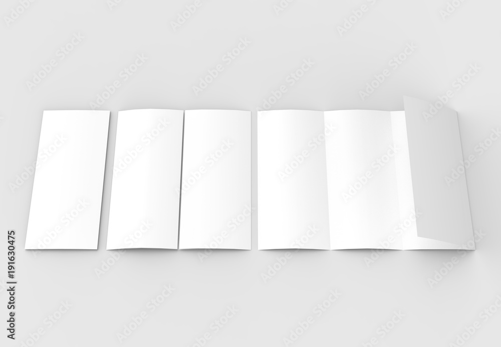 Four folded - 4-Fold - vertical brochure mock-up isolated on soft gray background. 3D illustrating. Four folded - 4-Fold - vertical brochure mock-up isolated on soft gray background. 3D illustrating.