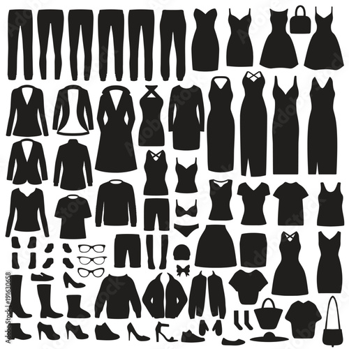 vector illustration of  set women fashion clothes silhouette, dress, shirt, shoes, jeans, jacket collection photo