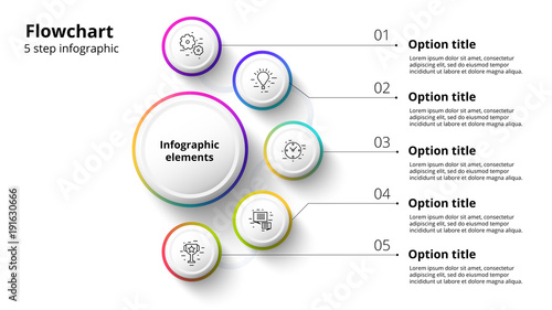 Business process chart infographics with 5 step segments. Circular corporate timeline infograph elements. Company presentation slide template. Modern vector info graphic layout design.
