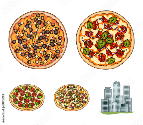 Pizza with meat, cheese and other filling. Different pizza set collection icons in cartoon style vector symbol stock illustration web.