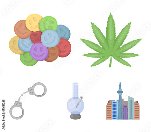Hemp leaf, ecstasy pill, handcuffs, bong.Drug set collection icons in cartoon style vector symbol stock illustration web.