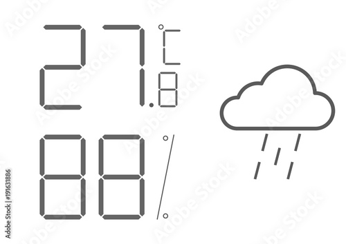 Vector LCD indicator, digital thermometer hygrometer. Weather station widget, the equipment indicating temperature in degrees centigrade and relative humidity in percent. Climate monitoring equipment