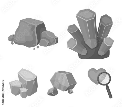 Crystals, iron ore. Precious minerals and a jeweler set collection icons in monochrome style vector symbol stock illustration web.