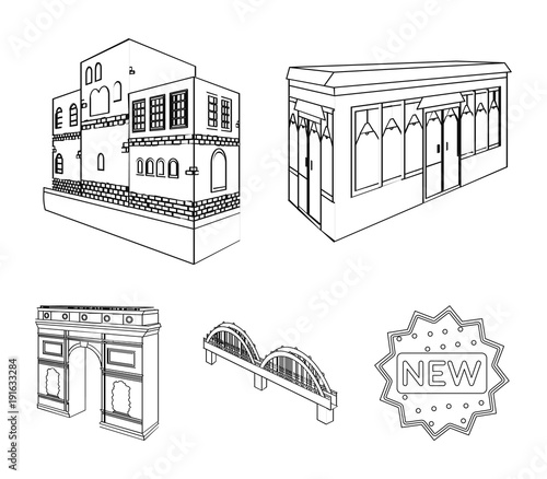 Arc de Triomphe in Paris, Reinforced bridge, cafe building, House in Scandinavian style. Architectural building set collection icons in outline style vector symbol stock illustration web.