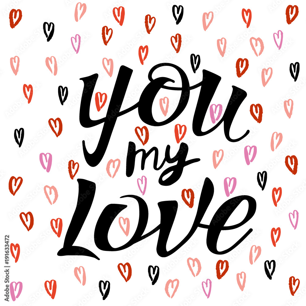 Letters calligraphy, on love heart pattern