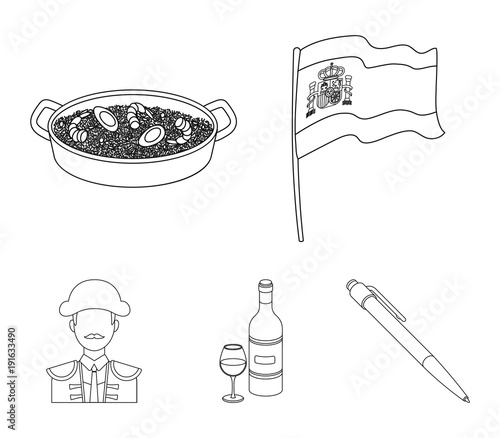 Flag with the coat of arms of Spain, a national dish with rice and tomatoes, a bottle of wine with a glass, a bullfighter, a matador. Spain country set collection icons in outline style vector symbol